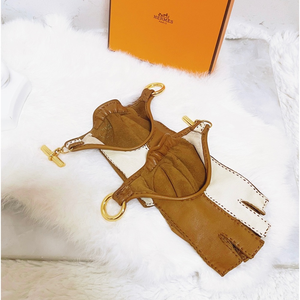 Authentic Hermes Rare Glenan Bi-Color Cream & Camel Fingerless Leather Gloves - Picture 7 of 13